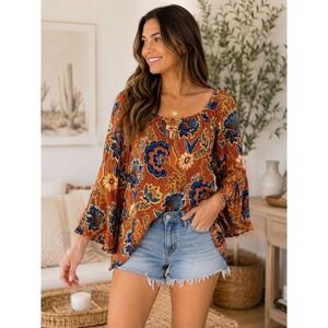 Willow Root Boho Floral Bell Sleeve Blouse Size Small